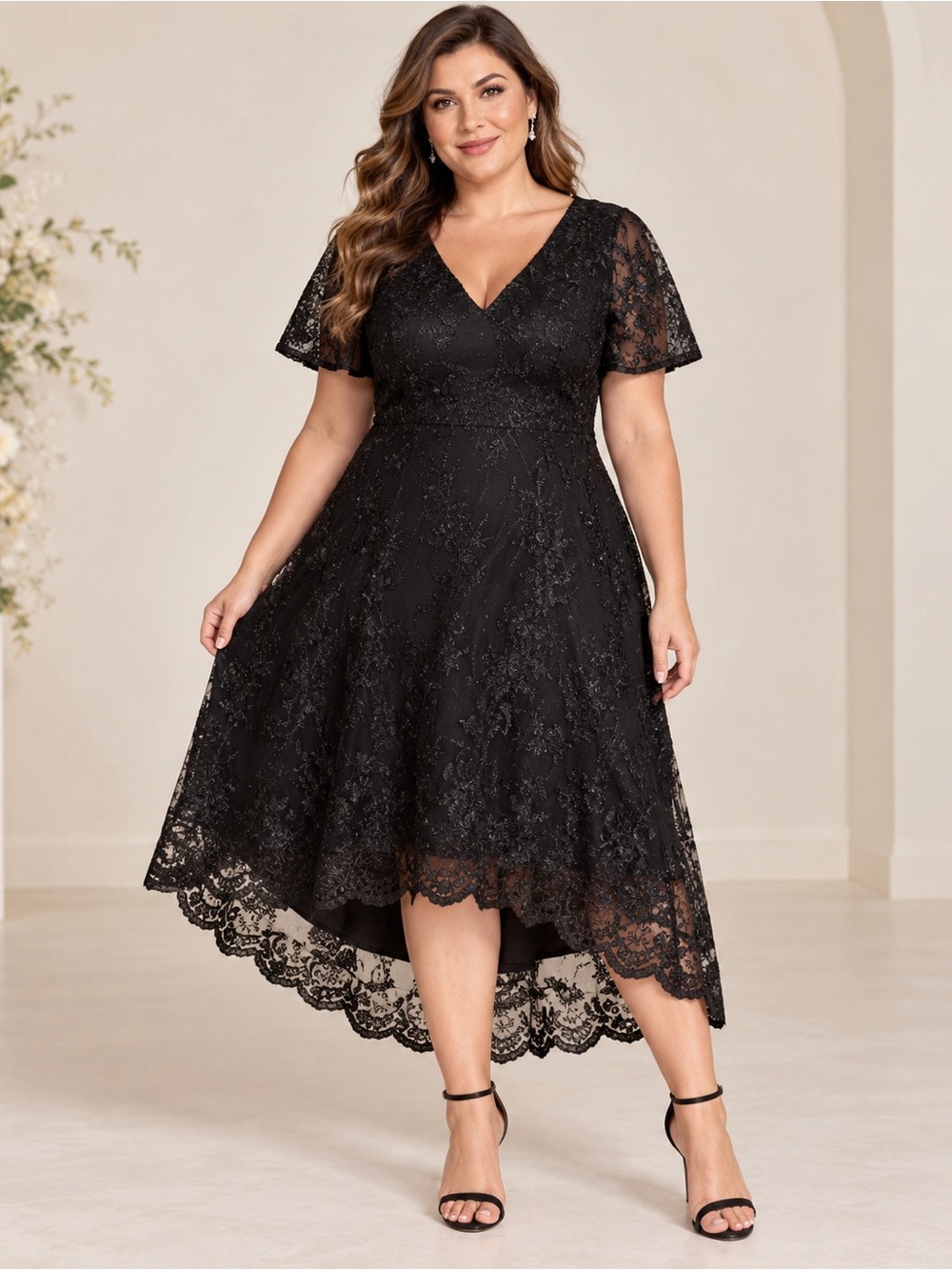 Ever-Pretty Black Embroidered Mesh A-Line Midi Dress Size 22 NWT